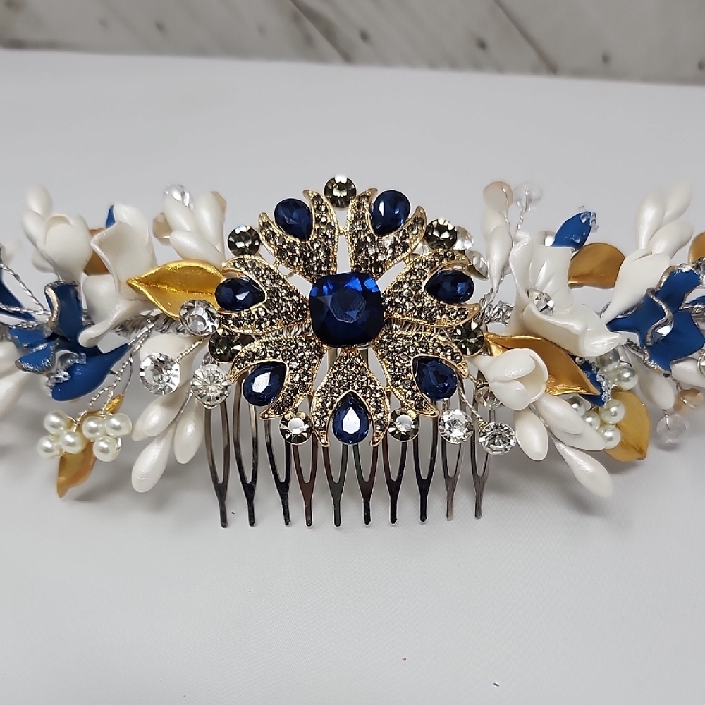 Elegant Blue and Gold Floral Headband - Picture 12 of 15